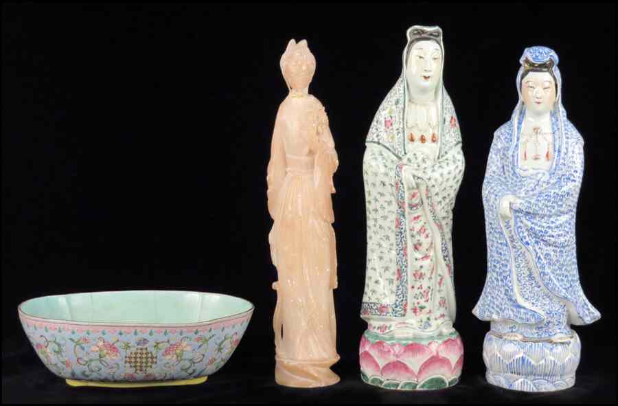 Appraisal: TWO PORCELAIN QUAN YIN FIGURES Together with a porcelain bowl