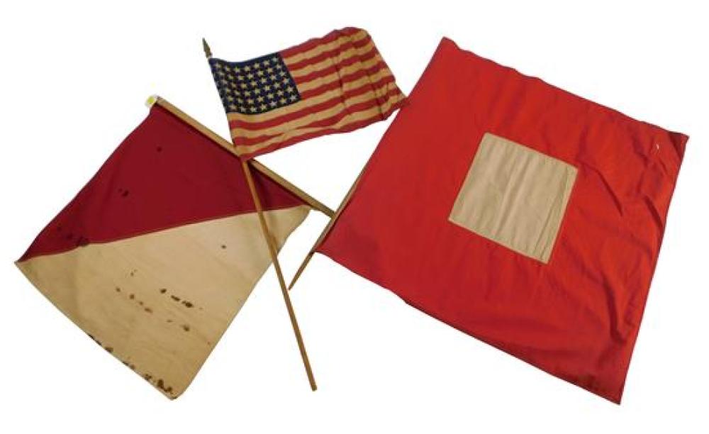 Appraisal: Three flags on stick handles flags late th mid th