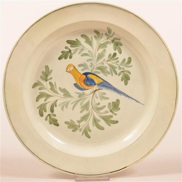 Appraisal: Leeds Soft Paste China Peafowl on Branch Plate Leeds Soft