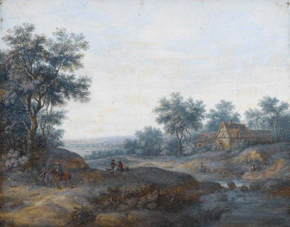 Appraisal: ATTRIBUTED TO HENRI -JOSEPH VAN BLARENBERGHE - LANDSCAPE WITH PEASANTS