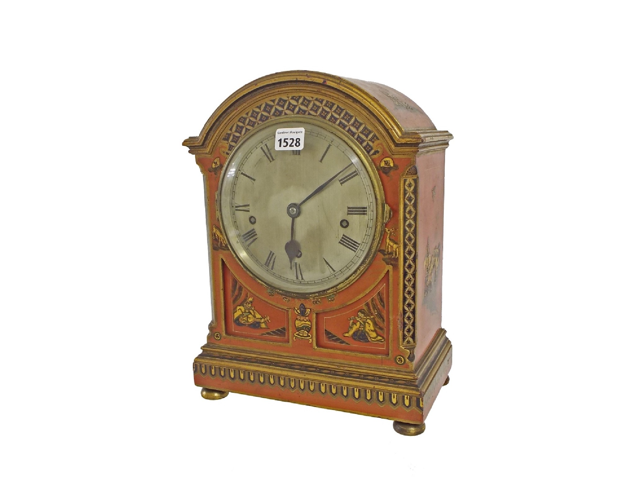 Appraisal: English red chinoiserie decorated three train bracket clock the movement