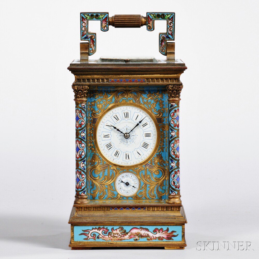 Appraisal: French Champleve Hour-repeating Carriage Clock France c the brass and