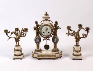 Appraisal: FRENCH PIECE CLOCK GARNITURE FRENCH PIECE WHITE MARBLE AND WEDGEWOOD