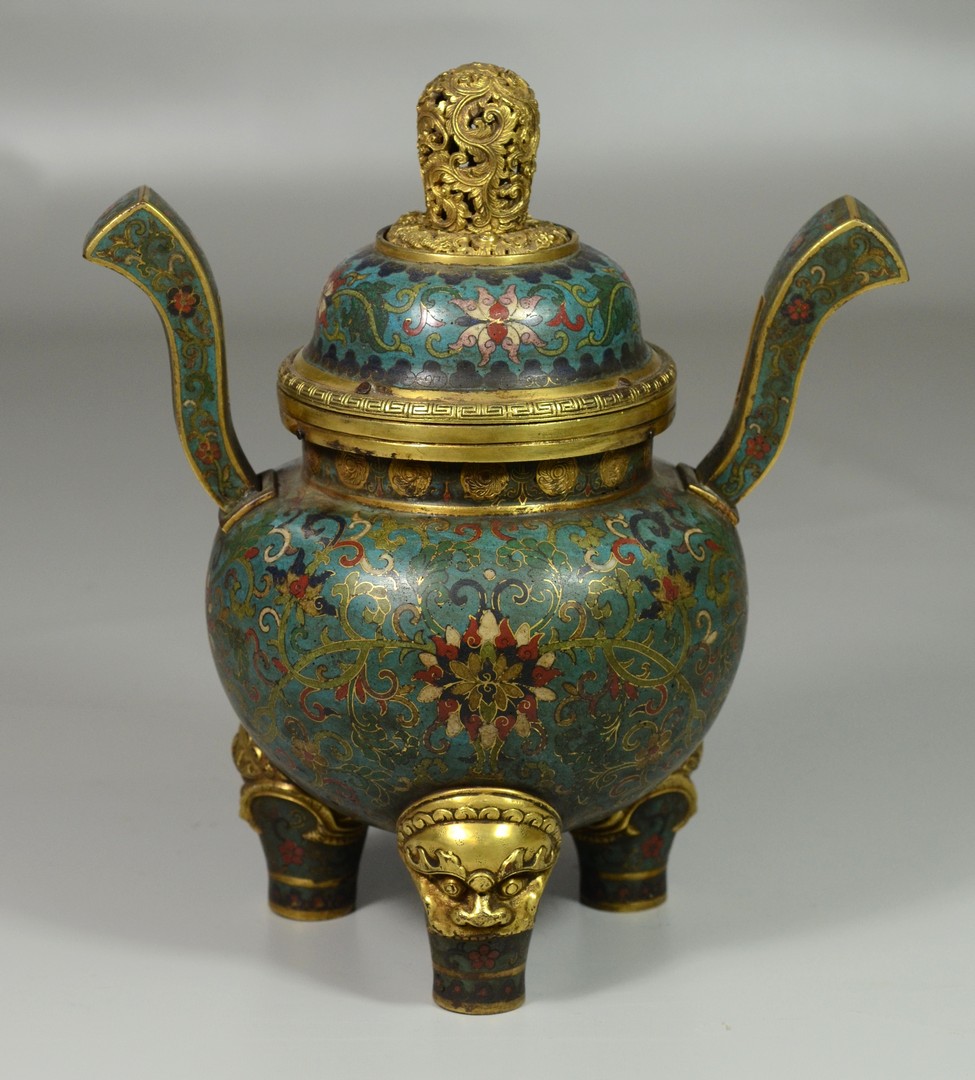 Appraisal: Chinese Cloisonn Censer gilt bronze finial gilt bronze lion feet