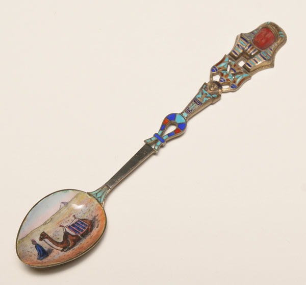 Appraisal: Egyptian enameled silver souvenir spoon Pharaonic figural handle the bowl