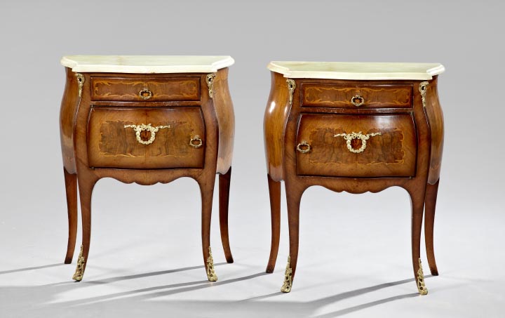 Appraisal: Pair of Louis XVI-Style Marquetry and Marble-Top Bedside Commodes second