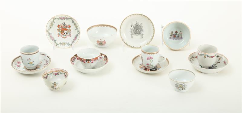 Appraisal: GROUP OF FIVE CHINESE EXPORT ARMORIAL PORCELAIN CUPS AND STANDS