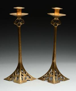 Appraisal: Pair of Arts Crafts Brass Candlesticks Nice form Near Mint