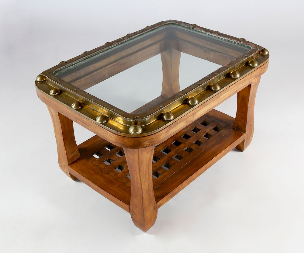 Appraisal: Antique Ship's Brass Window Teak Wood Coffee Table Exclusive on