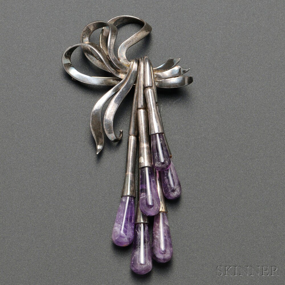 Appraisal: Antonio Pineda Sterling Silver and Amethyst Brooch Taxco Mexico post-