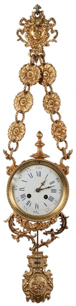 Appraisal: French Suspended Clock early th century gilt bronze enameled dial