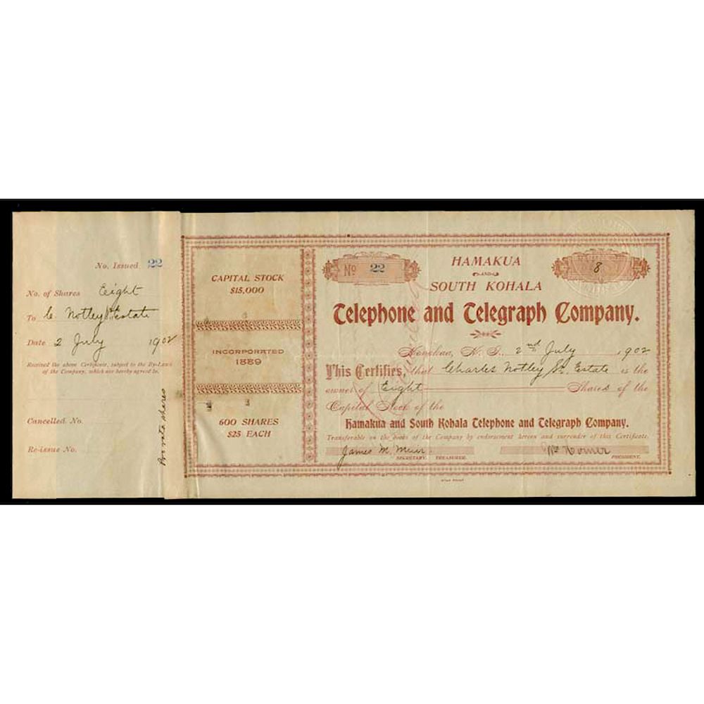 Appraisal: Hamakua S Kohala Telephone Telegraph Co No Konakaa Hawaii Stock