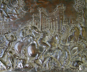 Appraisal: A Continental renaissance style bronze rectangular plaque depicting a mythical