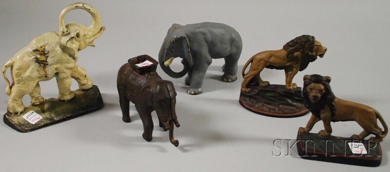 Appraisal: Five Painted Cast Iron Animal Figural Doorstops three elephants and