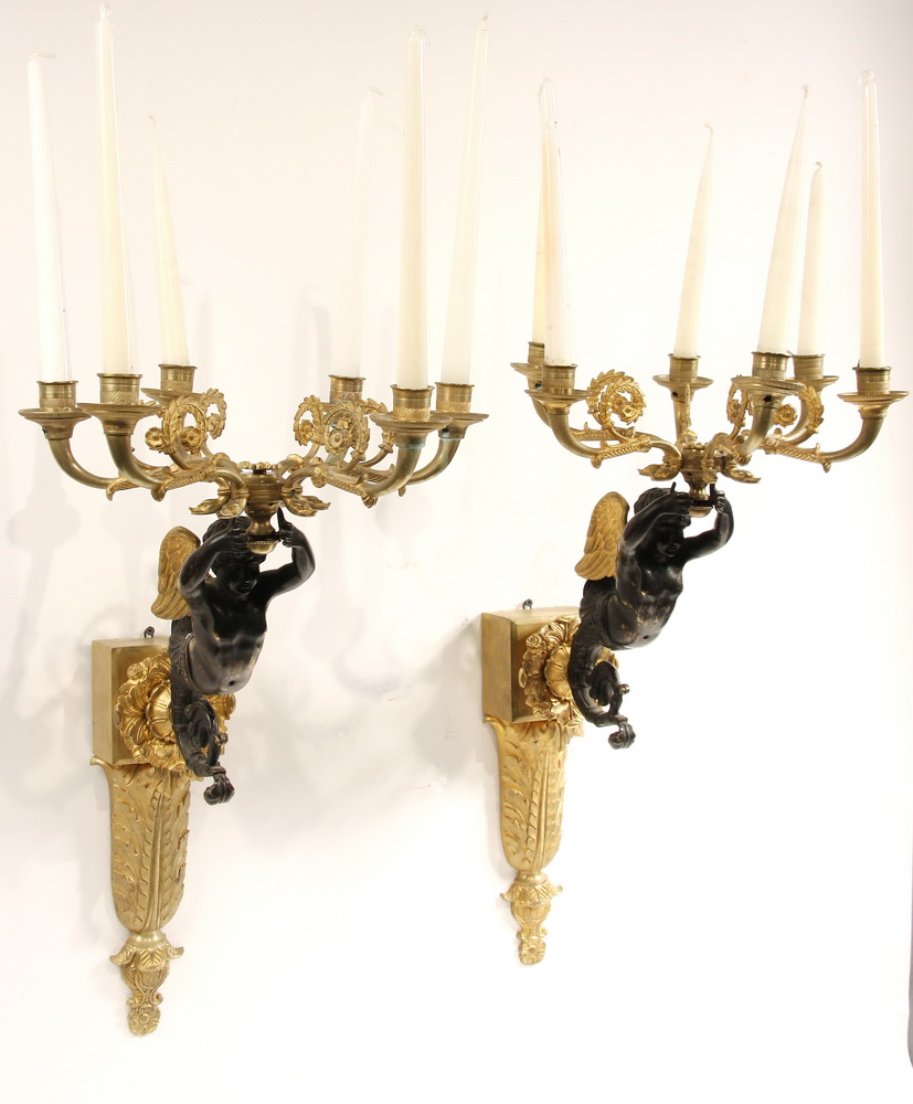 Appraisal: PAIR FRENCH GILT BRONZE SCONCES - Partial Gilt Bronze Sconces