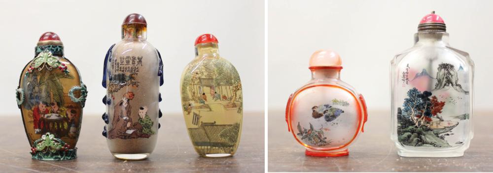 Appraisal: FIVE CHINESE REVERSE PAINTED GLASS SNUFF BOTTLES - to -