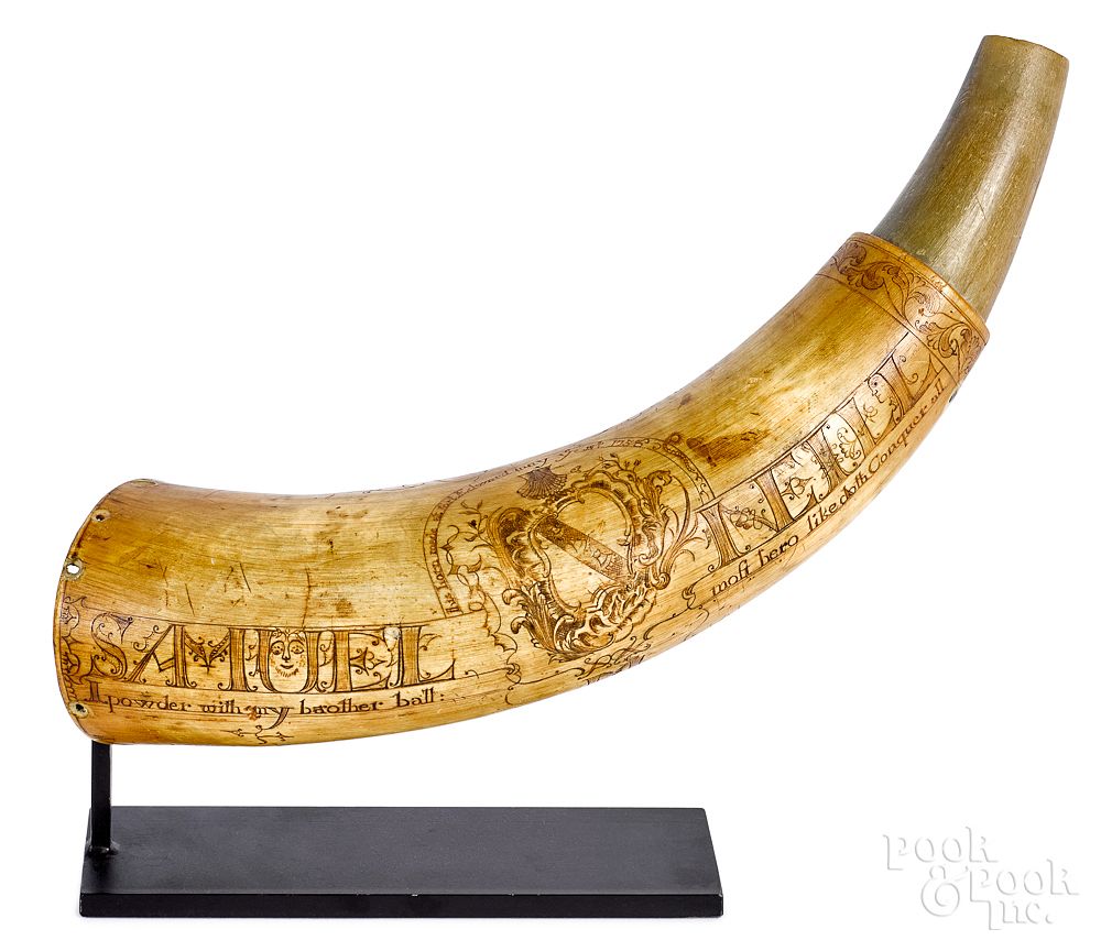 Appraisal: French and Indian War scrimshaw powder horn Exceptional French and