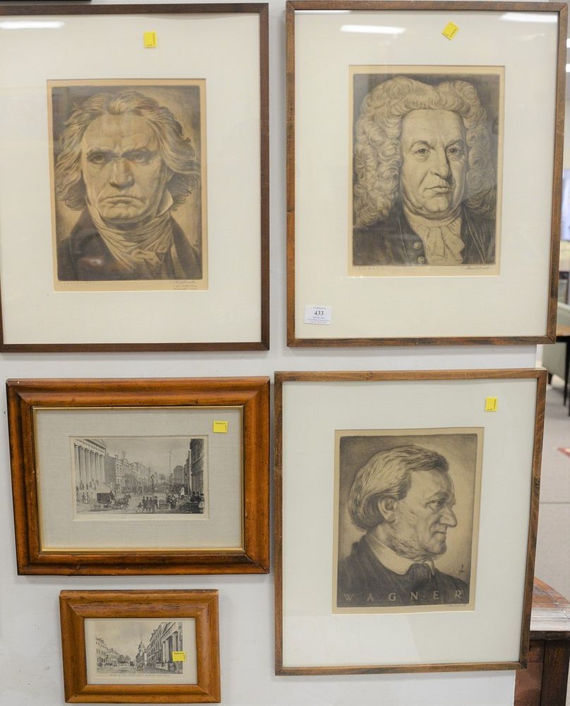 Appraisal: Nine framed pieces to include Paul Wenck engravings of composers