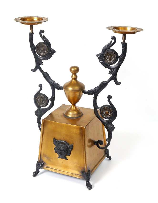 Appraisal: MIXED METAL TWO LIGHT CANDLEHOLDER Brass body and urn with