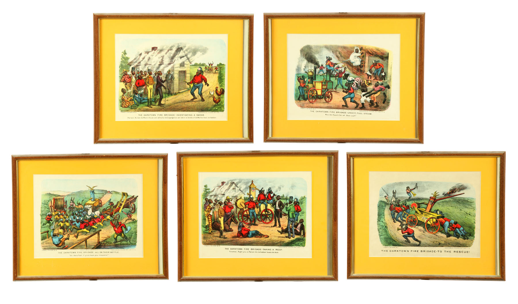 Appraisal: FIVE CURRIER IVES DARKTOWN PRINTS Chromolithographs on paper Published by