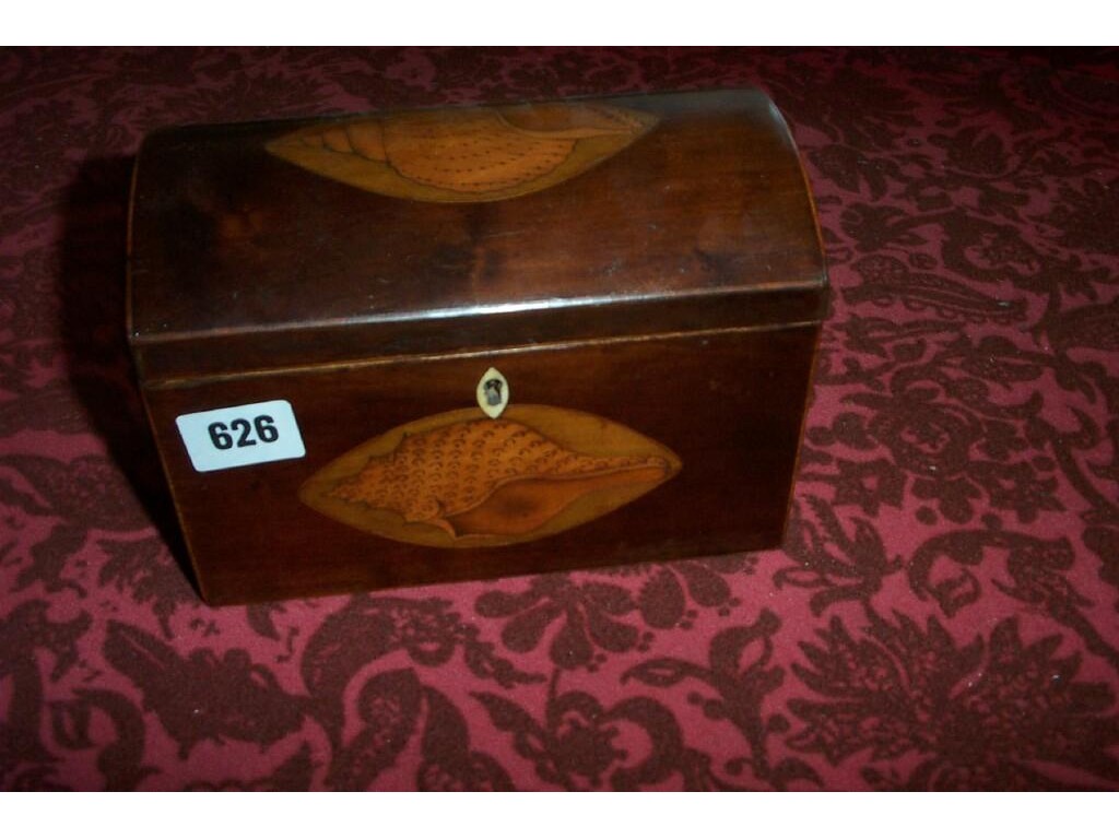 Appraisal: A Georgian mahogany domed toped caddy with inlaid shell decoration