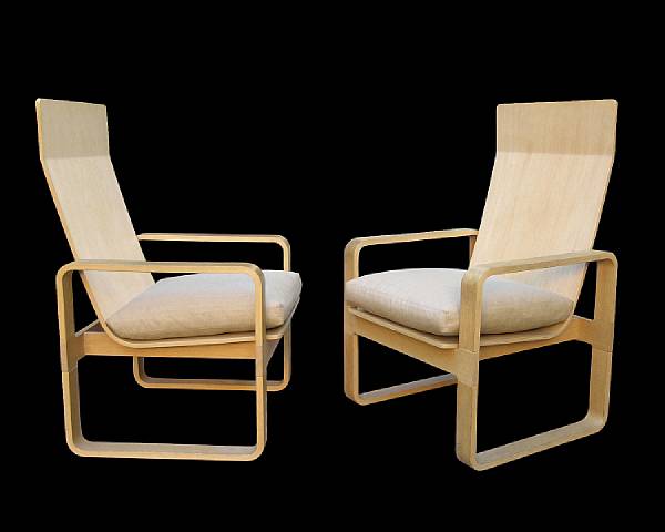 Appraisal: A pair of beech and oak laminated bentwood open armchairs