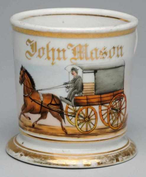 Appraisal: Horse-Drawn Lumber Wagon Shaving Mug Gilt name John Mason Nice