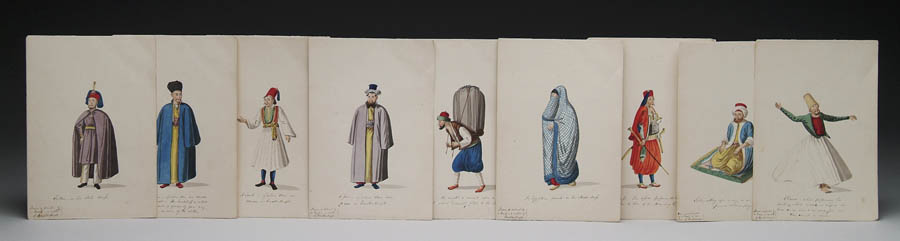 Appraisal: UNSIGNED Greek th Century TEN COLORED DRAWINGS OF CONSTANTINOPLE PEOPLE