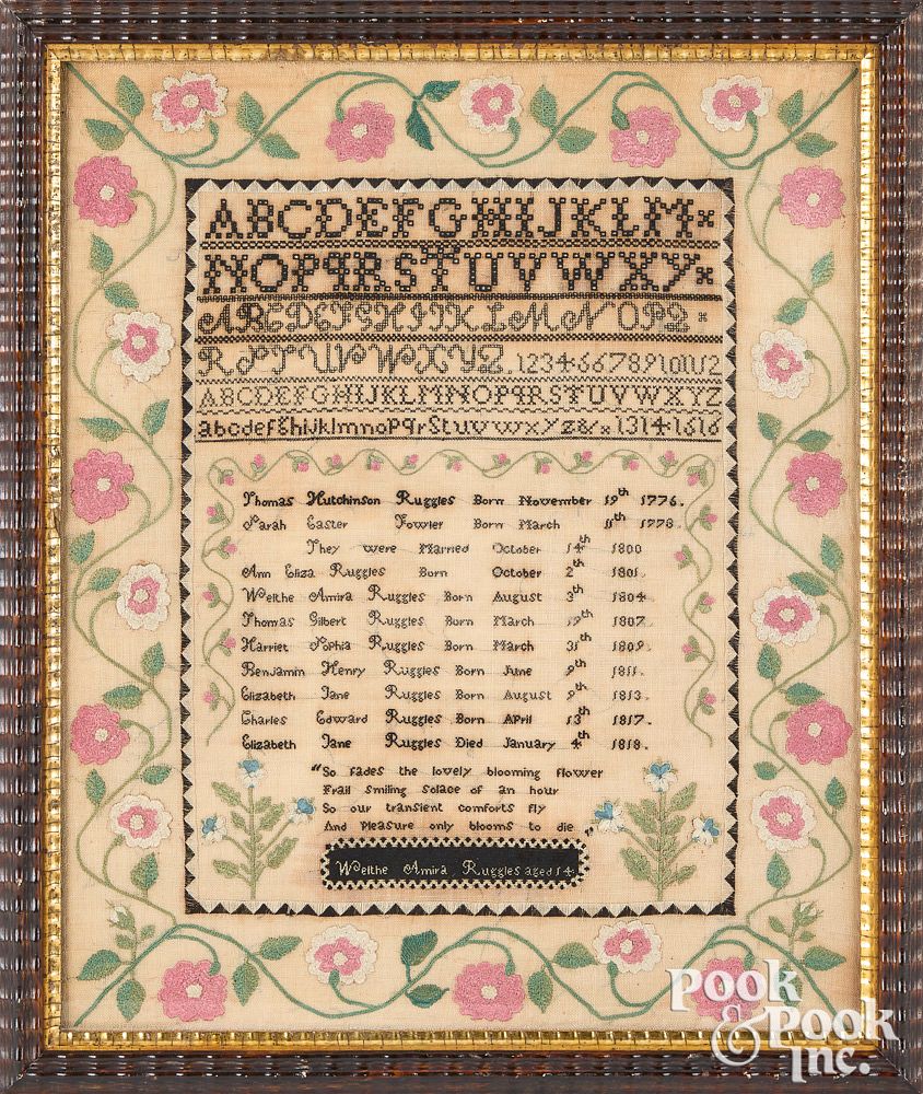 Appraisal: Mass silk on linen Ruggles family register Massachusetts silk on