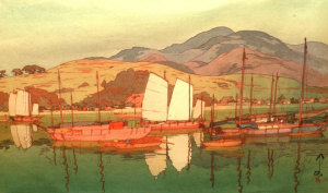 Appraisal: Hiroshi Yoshida - Waiting for the Tide woodblock printed in