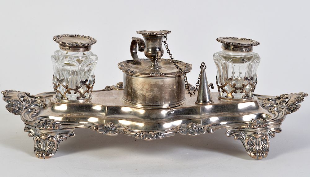 Appraisal: English Victorian Sterling Hallmarked Inkstand Antique English Victorian sterling inkstand