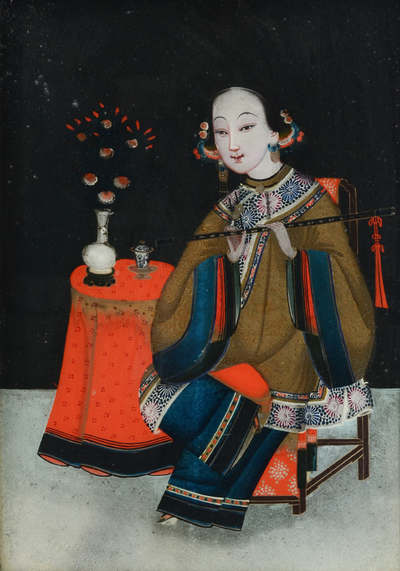 Appraisal: EARLY ORIENTAL REVERSE PAINTING ON GLASS Depicts a Seated Young