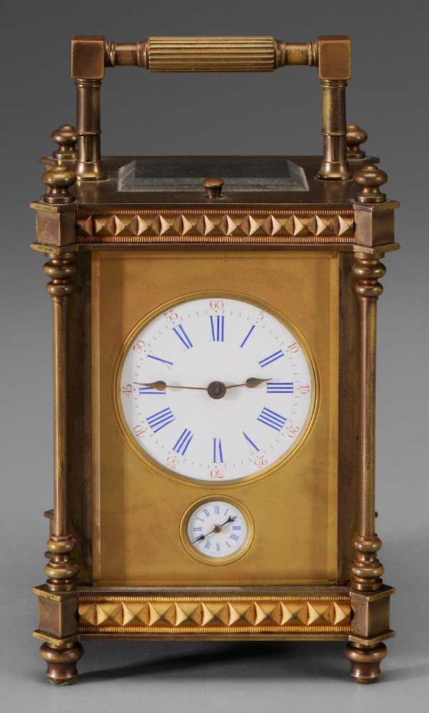 Appraisal: French Carriage Clock early th century brass case with pyramid