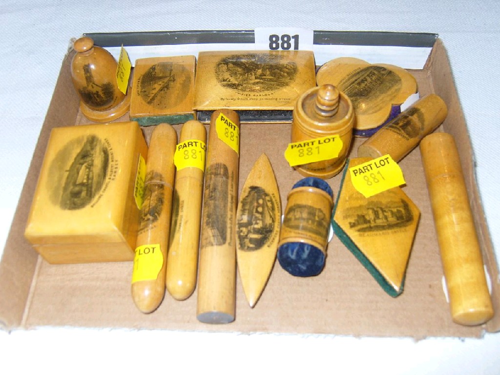 Appraisal: A collection of fourteen mixed Mauchline ware sewing accessories tape