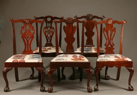 Appraisal: FIVE CHIPPENDALE-STYLE SIDE CHAIRS Probably American mid th century mahogany