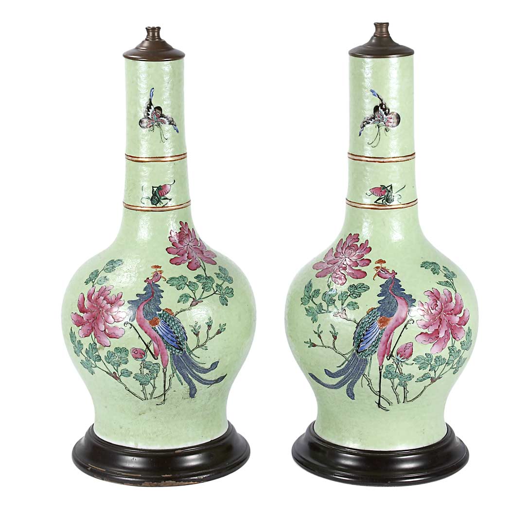 Appraisal: Pair of Chinese Porcelain Bottle Vases Each mounted as a