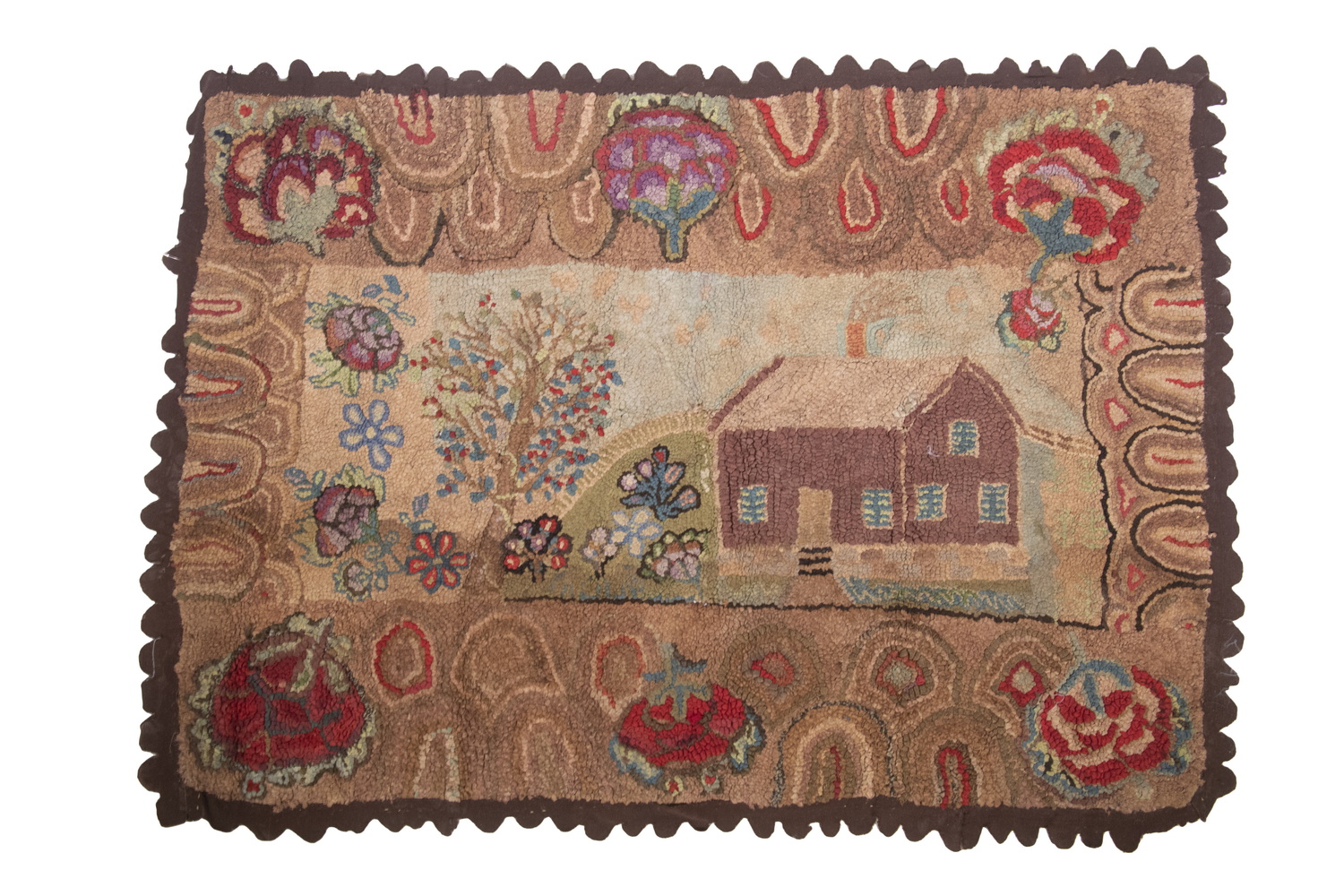 Appraisal: FOLK ART HOOKED RUG WITH COTTAGE GARDEN th c Hooked