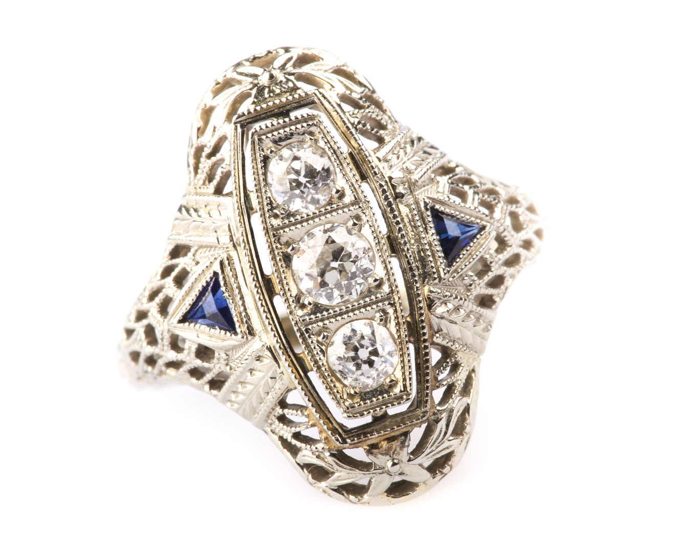 Appraisal: A Diamond and Sapphire Filigree Ring K white gold ring