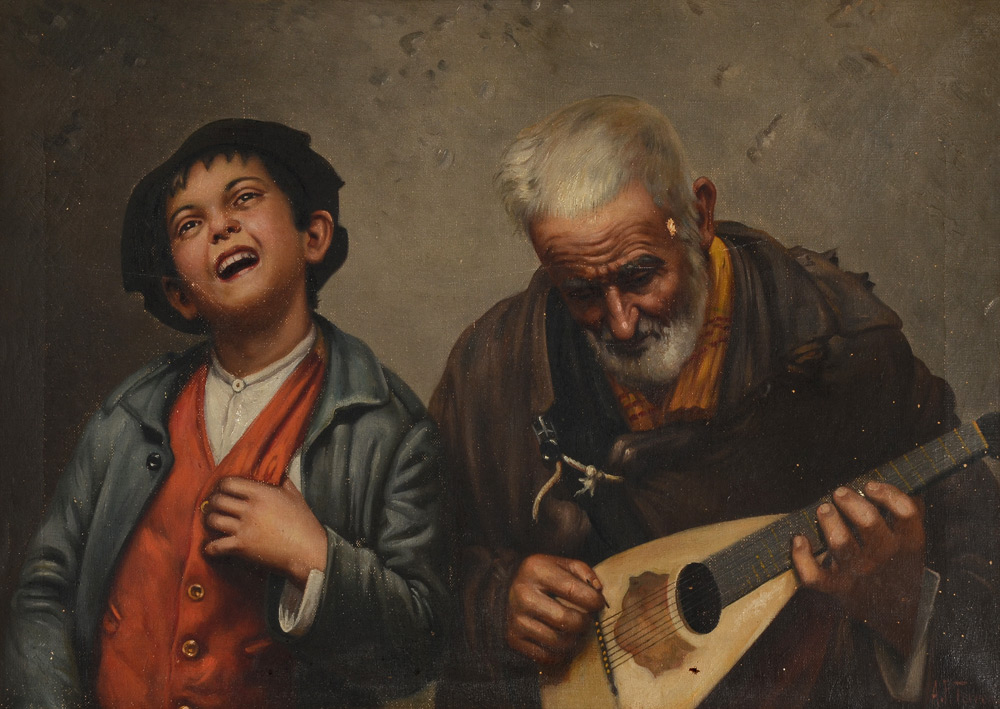 Appraisal: ITALIAN GENRE PAINTING OF A BOY MAN WITH MANDOLIN SIGNED