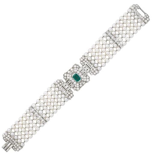 Appraisal: FINE DIAMOND EMERALD MULTI STRAND PEARL BRACELET Stirrup design consists