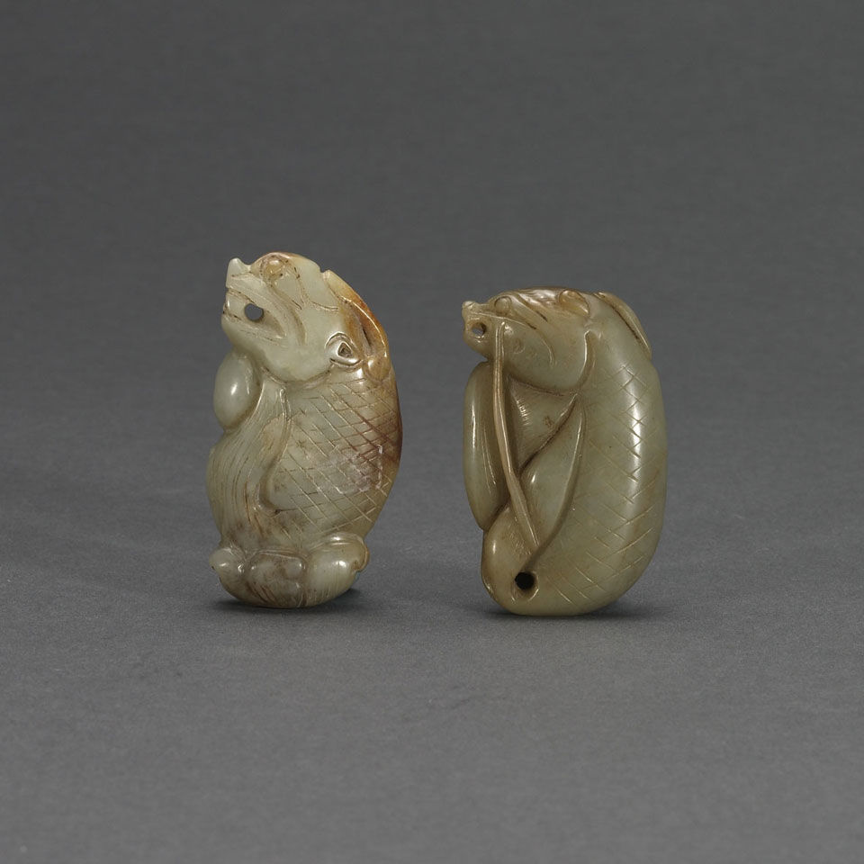 Appraisal: Two Nephrite Dragon Pendants China th c height cm