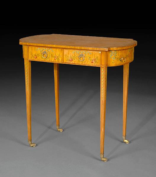 Appraisal: A George III style painted satinwood work table late th