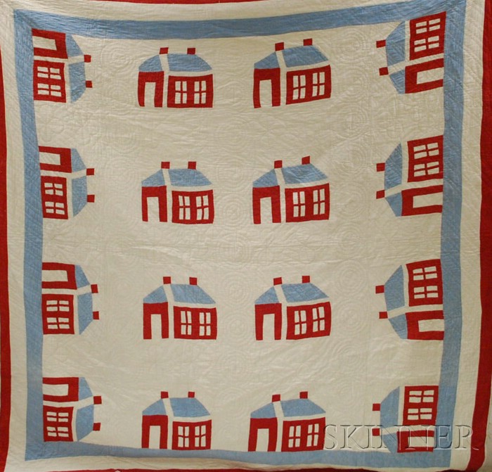 Appraisal: Red White and Light Blue Pieced Cotton Schoolhouse Pattern Quilt