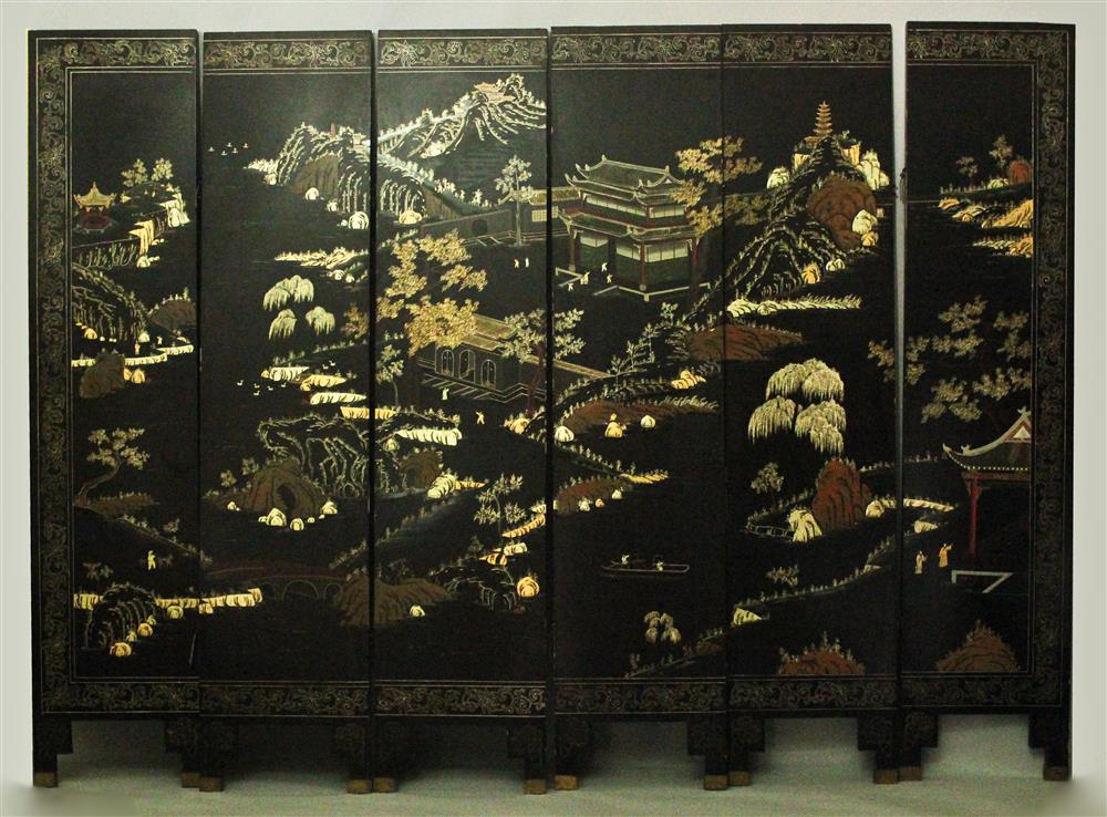 Appraisal: CHINESE LACQUER SIX-PANEL SCREEN on a black ground and decorated