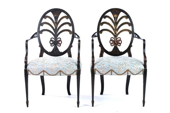 Appraisal: GEORGE III STYLE PAINTED OPEN ARM CHAIRS th century Oval