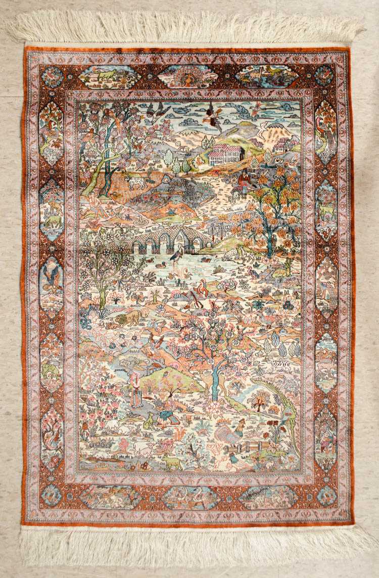 Appraisal: A CONTEMPORARY PICTORIAL CHINESE SILK WALL RUG hand knotted silk