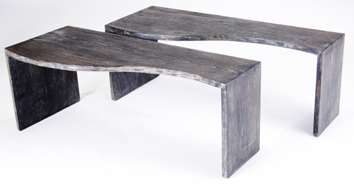 Appraisal: STUDIO Pair of pickled black oak coffee tables with wavy