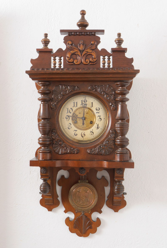 Appraisal: GUSTAV BECKER CARVED GERMAN WALL CLOCK Removable architectural pediment with