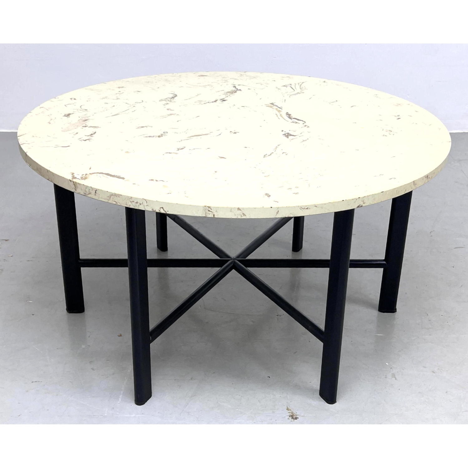 Appraisal: Round Travertine Marble Coffee Table Black Metal Leg Base with