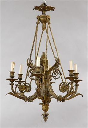 Appraisal: LOUIS XVI-STYLE GILT-BRONZE SIX-LIGHT CHANDELIER The stem cast as a